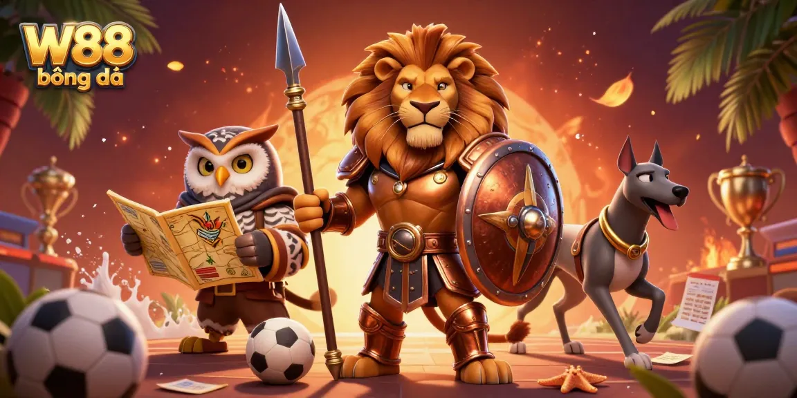 Engage in thrilling betting action with W88 bóng đá alongside a Spartan lion, owl strategist, and greyhound in a vibrant scene.