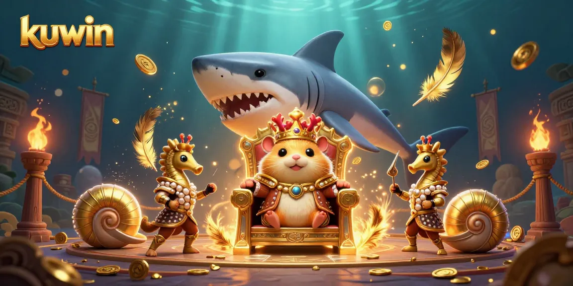 Kuwin's gaming vibe shines as a tiny golden hamster king reigns amidst gold coins and riches in a dynamic casino scene.
