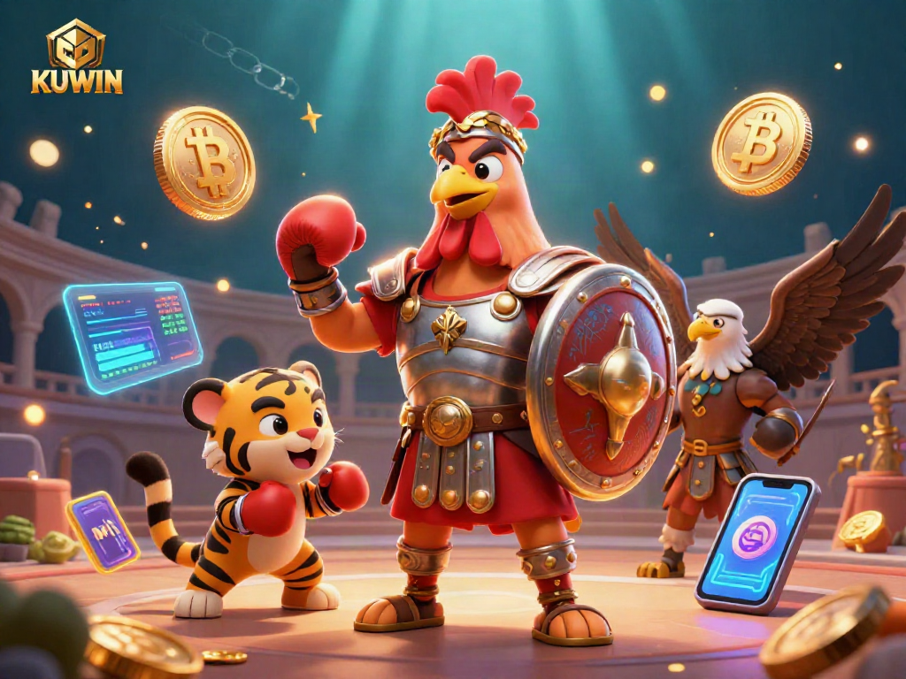 Experience thrilling gameplay with KUWIN as a rooster gladiator amidst neon crypto elements.