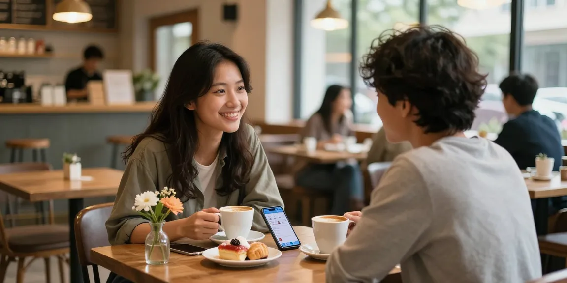 Couple enjoying a romantic coffee date, showcasing modern dating through https://f168.dating/ in a cozy café setting.