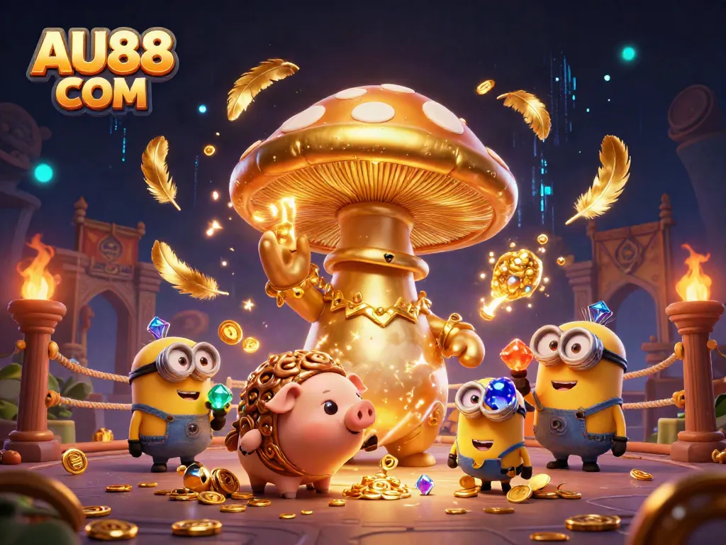 Experience the exciting atmosphere of AU88 COM with a vibrant 3D casino wizard scene featuring gold and treasure elements.