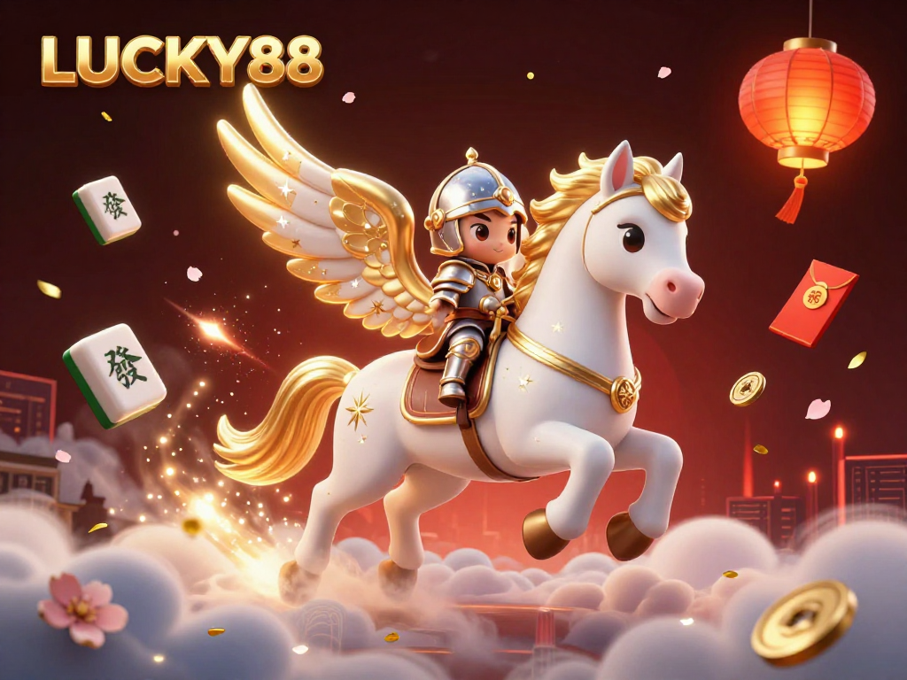 LUCKY88 showcases a celestial scene with a white horse and knight amidst vibrant casino symbols.