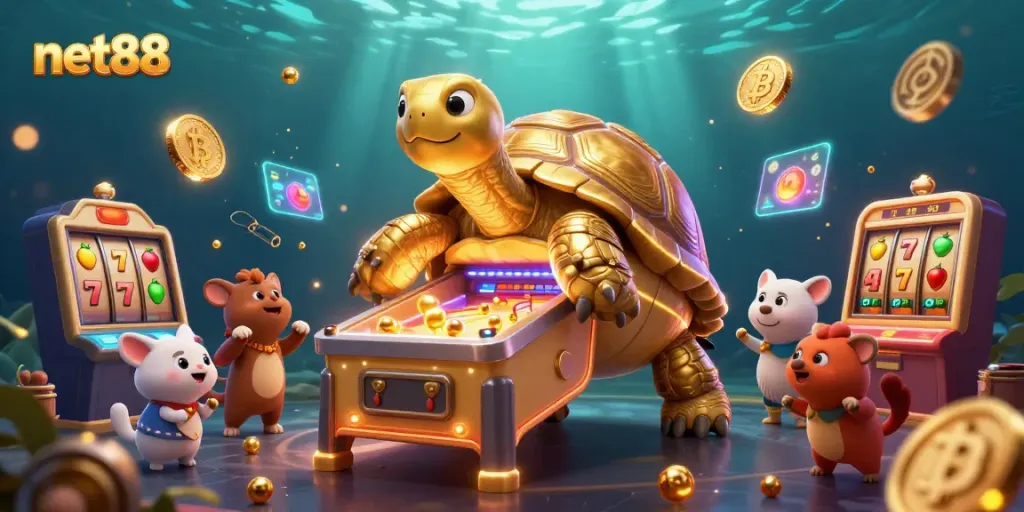 Experience vibrant gaming with net88 featuring a colossal tortoise pinball machine set in a rich casino scene.