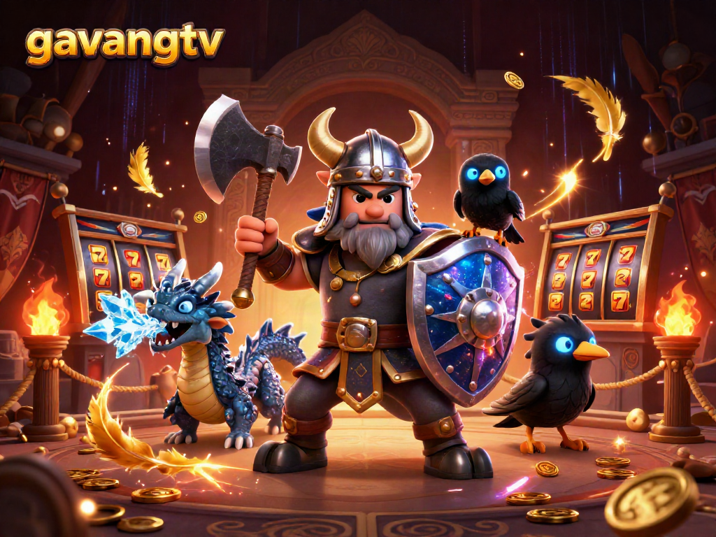 Experience thrilling gambling excitement with the vibrant scene of gavangtv featuring a Viking wolf warrior and an ice-breathing dragon.