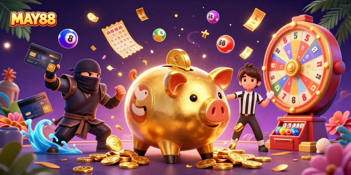 MAY88 showcases a thrilling scene featuring a sumo wrestler piggy bank, a wallet-ninja, and credit-card referee amidst a vibrant casino setting.