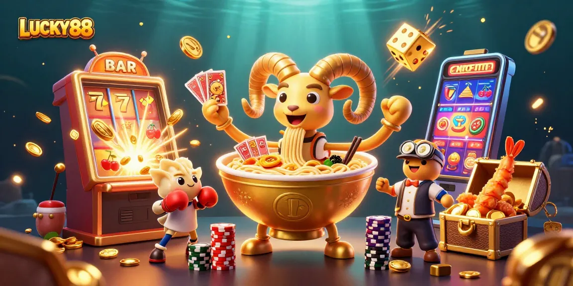 Experience the excitement of LUCKY88 with a vibrant casino scene featuring cartoon characters and jackpots.