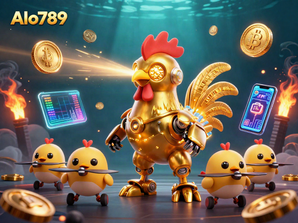 Alo789 showcases a dynamic online gambling scene with a golden rooster robot, crypto elements, and vibrant 3D engagement.