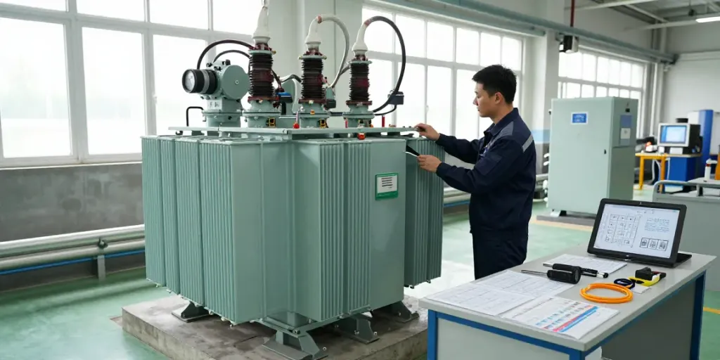 Technicus inspecteert een hermetisch afgesloten transformator in een industriële omgeving.
