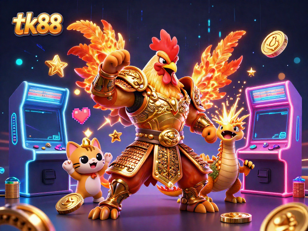 Experience the thrill of tk 88 with a heroic rooster warrior and dragon in an exciting casino scene.