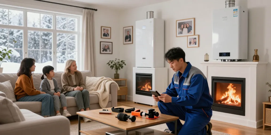 Dépannage chaudière in een warme woonkamer met technicus aan het werk.