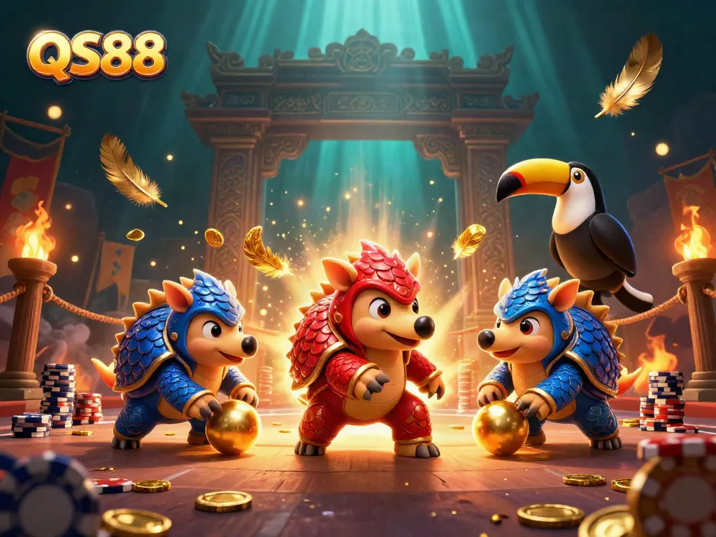 Engaging QS88-themed illustration with pangolins gambling in an exciting casino setting.