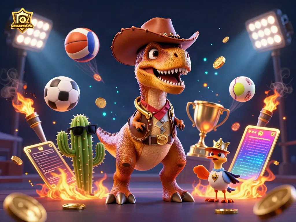 Experience thrilling sports betting excitement with pescreative’s vibrant casino character illustration featuring a T-Rex and more.