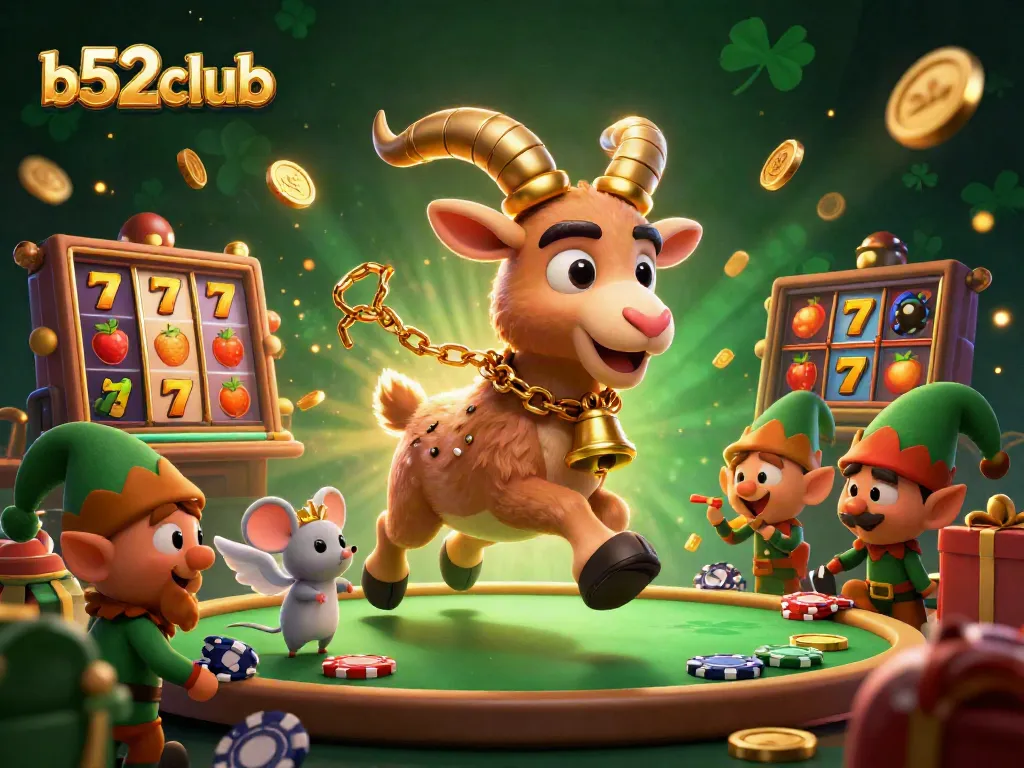 Experience thrilling gaming at b52club with festive Krampus and angel mouse in an exciting casino scene.