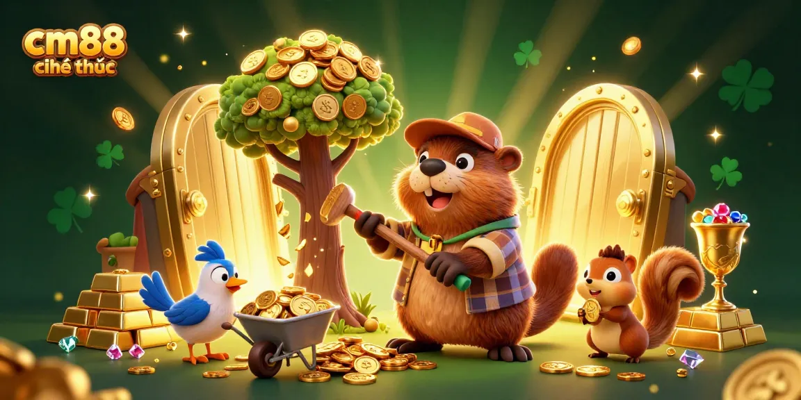 Experience the excitement of cm88 chính thức with a vibrant casino scene featuring animated characters and treasures.