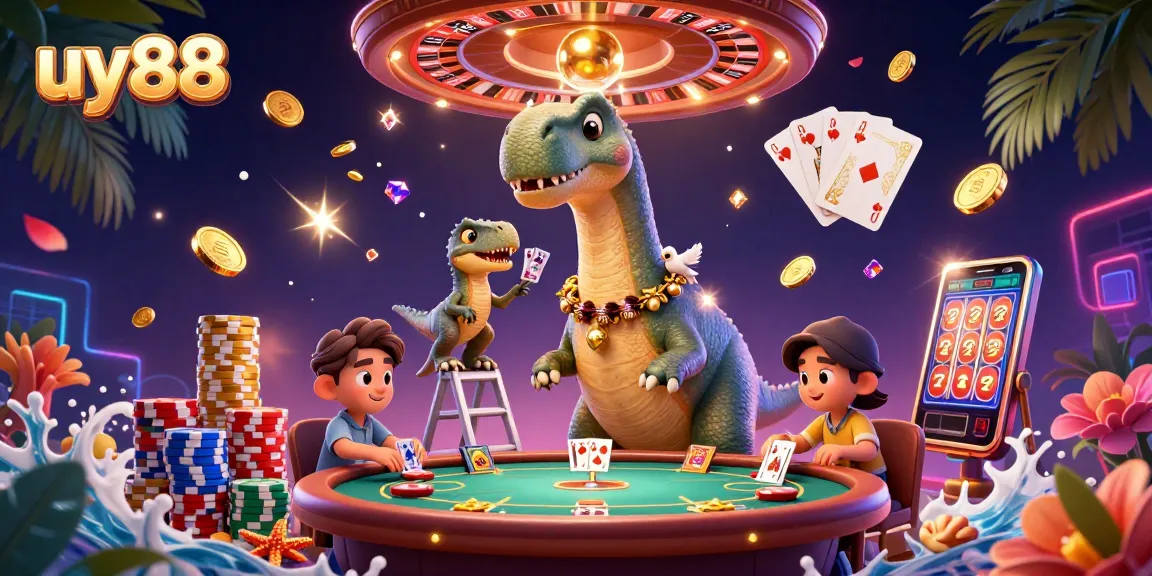 Experience the thrill of uy88 with a dynamic casino scene featuring a towering brontosaurus and a raptor dealer, surrounded by dazzling games.