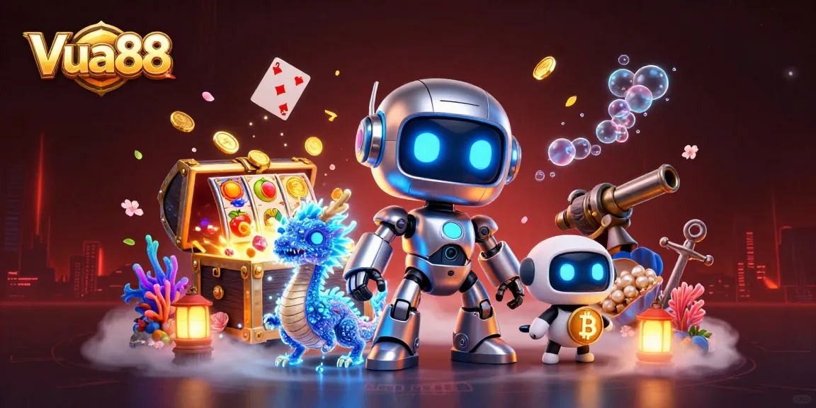 Experience thrilling casino gaming at Vua88 with vivid 3D illustration, golden coins, and vibrant slot elements.