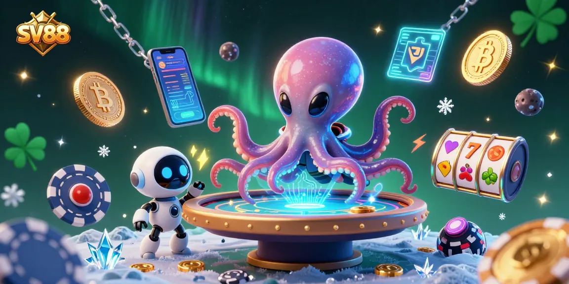 SV88 offers dynamic poker games with an alien octopus and robot at a holographic table.