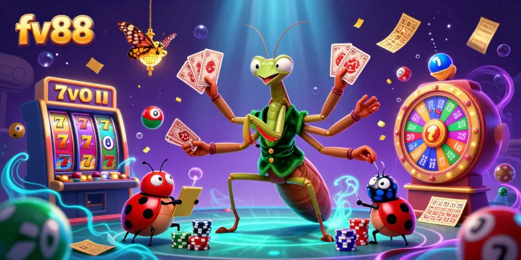Experience the excitement of fv88 with a vibrant illustration of a casino scene featuring a giant card sharp and ladybug pit boss.