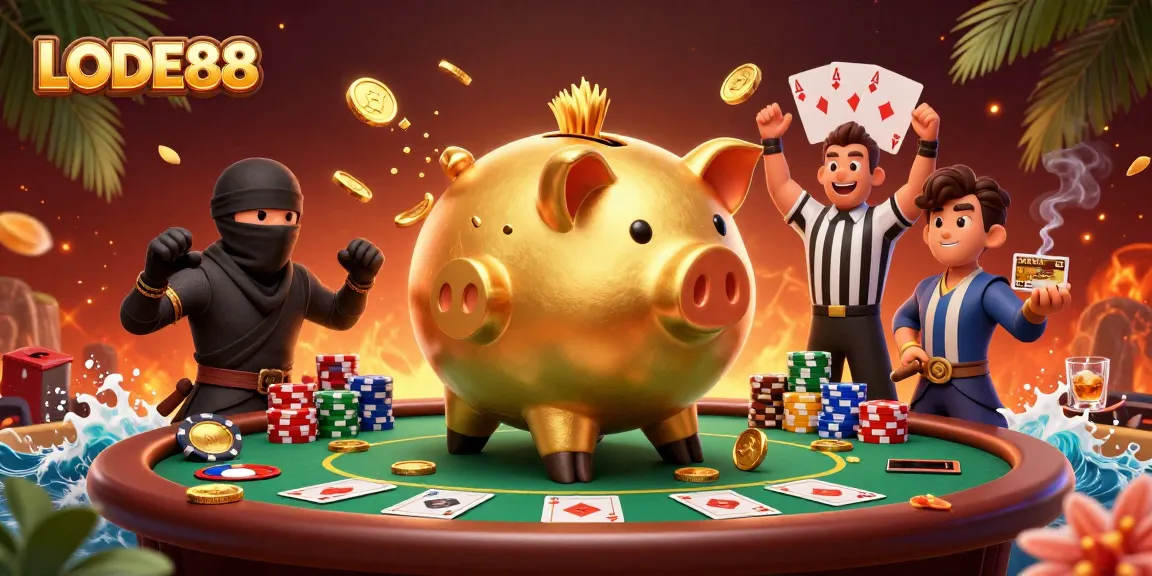 Experience LODE88 in action as a sumo wrestler piggy bank showers golden coins at a vibrant casino.