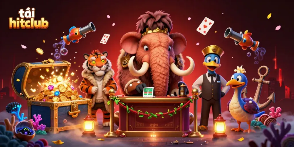 Experience the thrill of tải hitclub with a vibrant casino-themed digital illustration featuring whimsical characters.