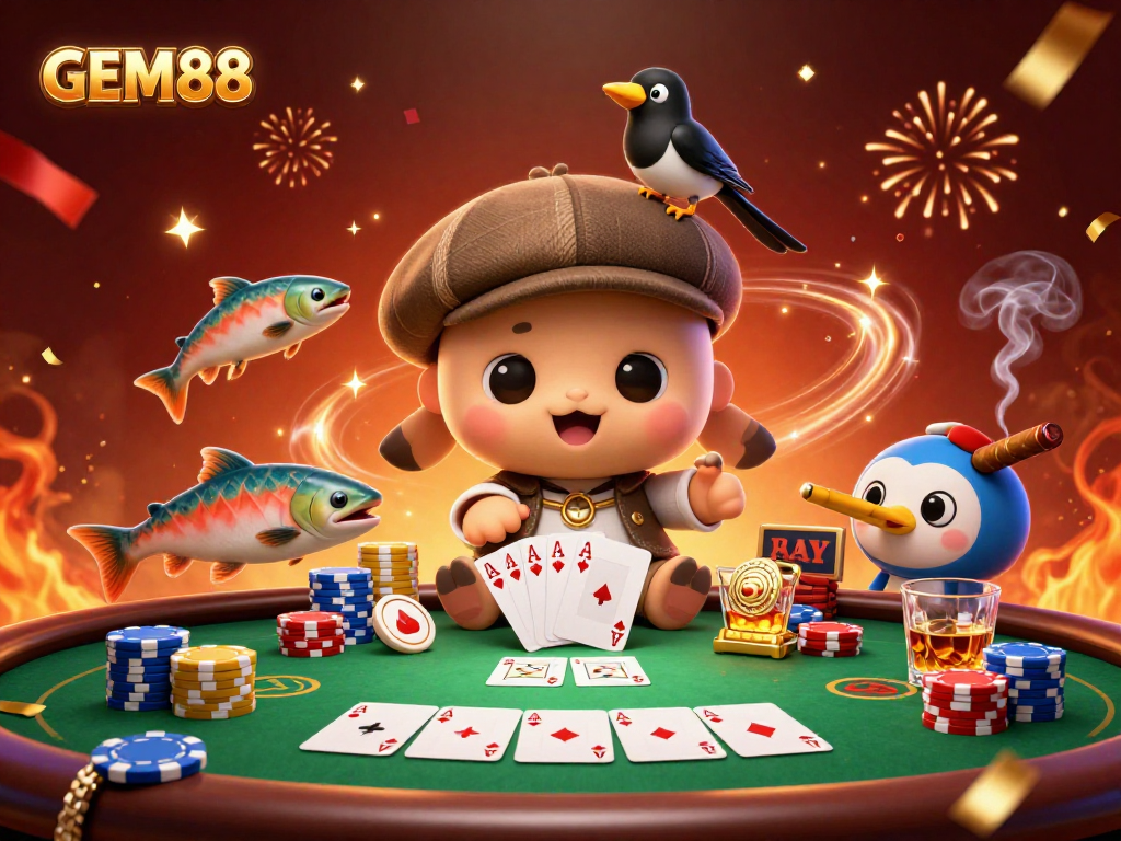 Engage with GEM88's exciting gaming world in a vibrant 3D casino scene.