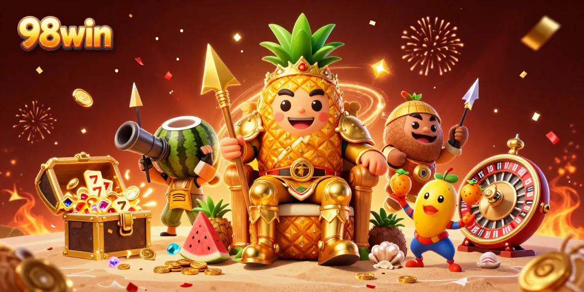 Engage with 98win's vibrant online casino world featuring the golden pineapple king and dynamic gaming elements.