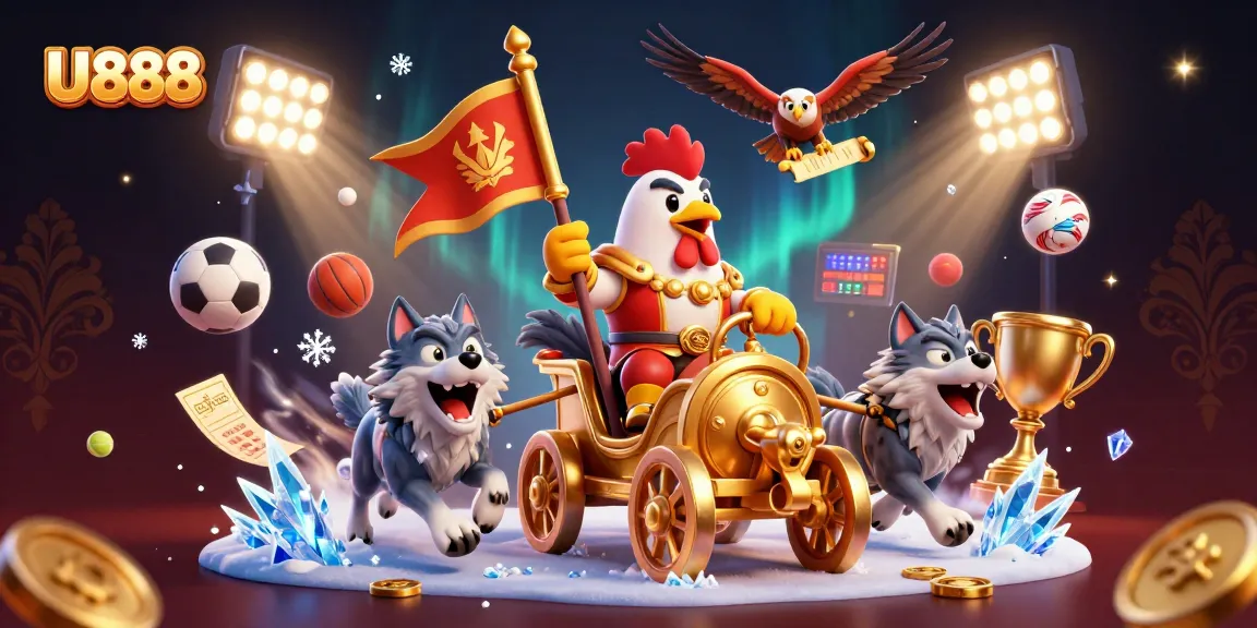 U888 showcases thrilling sports betting with an action-packed 3D illustration of a rooster warlord in a dynamic gambling scene.