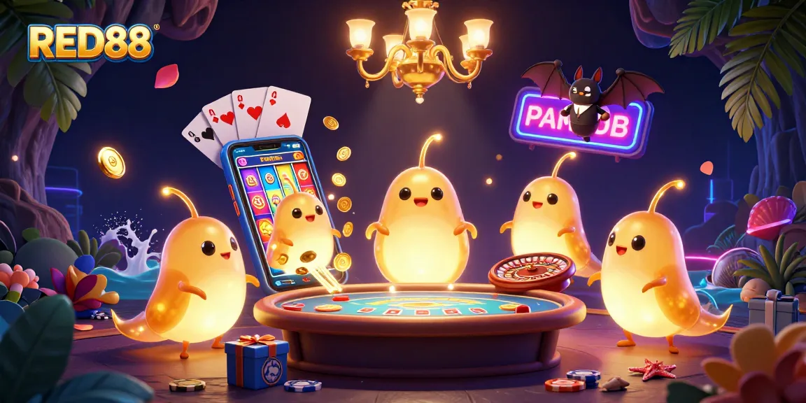 Experience the excitement of RED88 in a vibrant casino scene with glowing creatures and gaming elements.