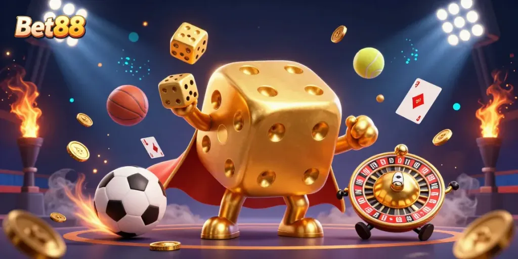 Experience the excitement of Bet88 with 3D golden dice and dynamic sports elements in a vibrant casino scene.