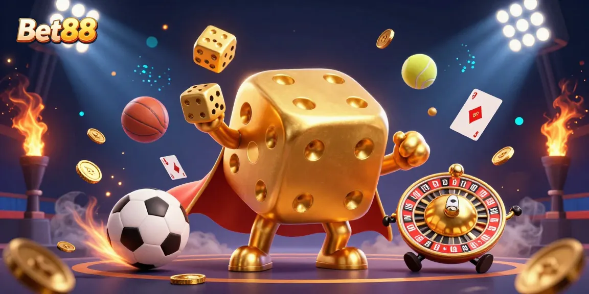 Experience the excitement of Bet88 with 3D golden dice and dynamic sports elements in a vibrant casino scene.