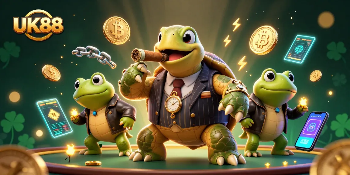 Master the UK88 gaming experience with a vibrant 3D casino scene featuring snapping turtles and crypto elements.