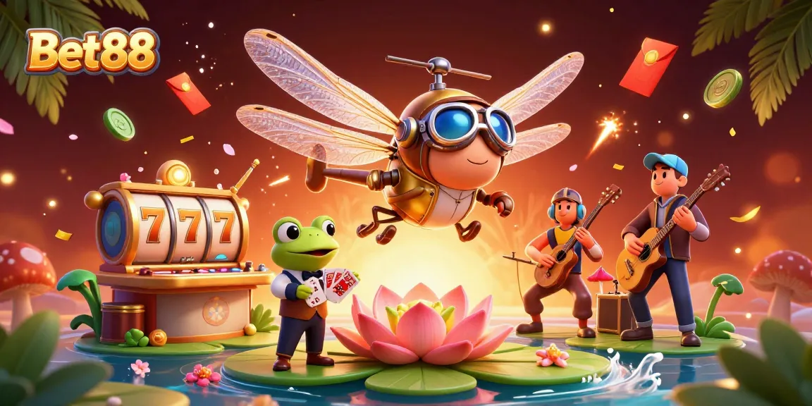 Bet88 displays a vibrant casino scene with a dragonfly pilot and frog croupier, bringing excitement to online gambling.