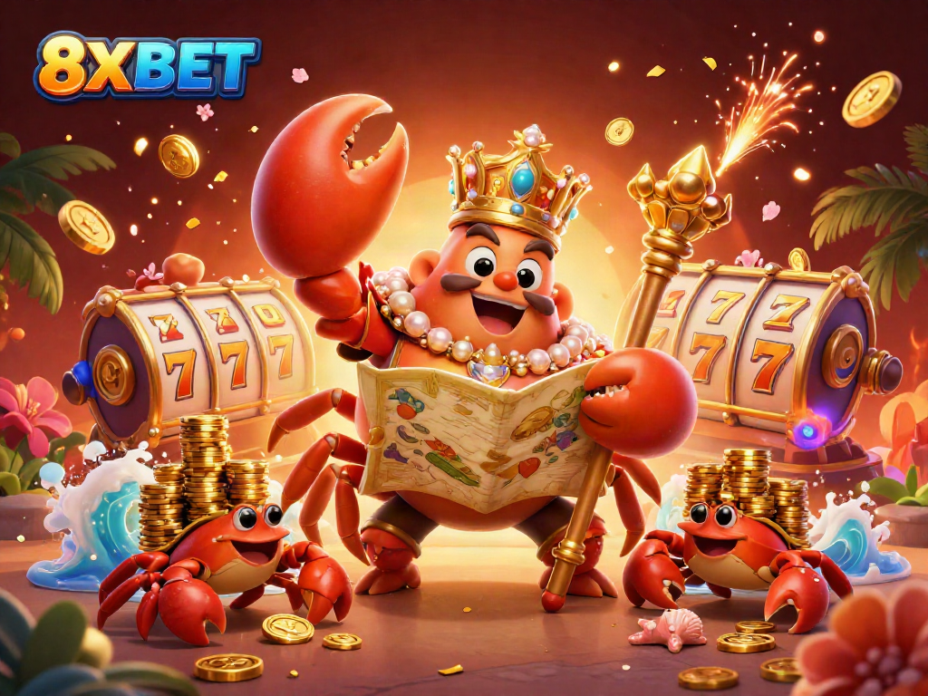 Experience thrilling games at 8XBET with a vibrant illustration of a majestic golden crab ruler and energetic gaming elements.