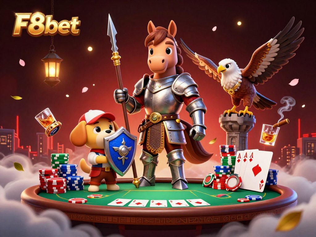 Engage in poker strategies at F8bet with this vibrant 3D scene featuring dynamic poker elements.