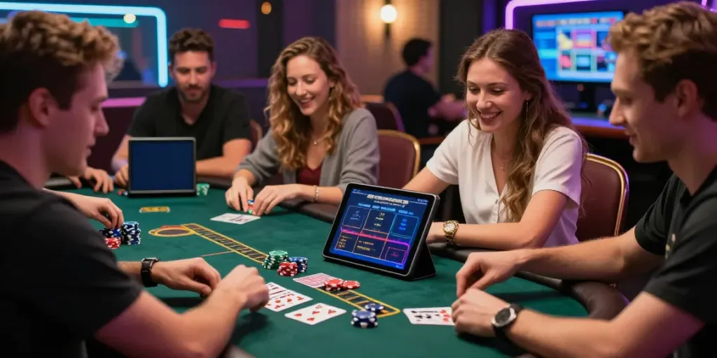 Excited players enjoying ku88 live casino games on digital devices in a vibrant setting.