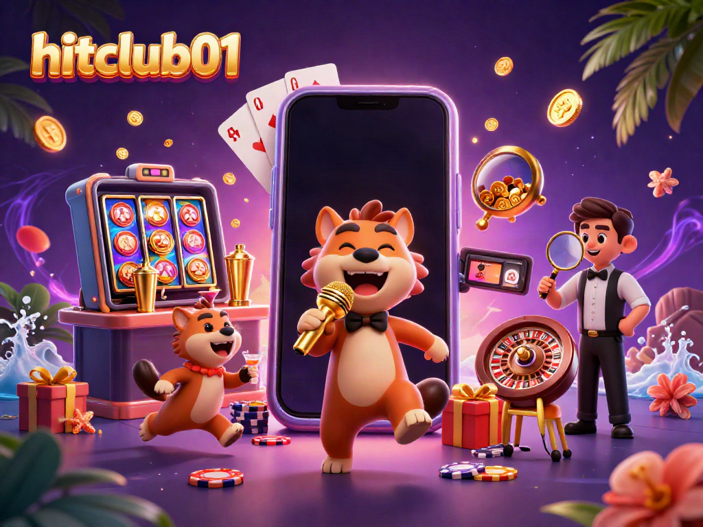 Hitclub01 features an energetic casino scene with hyena characters engaging in various fun activities.
