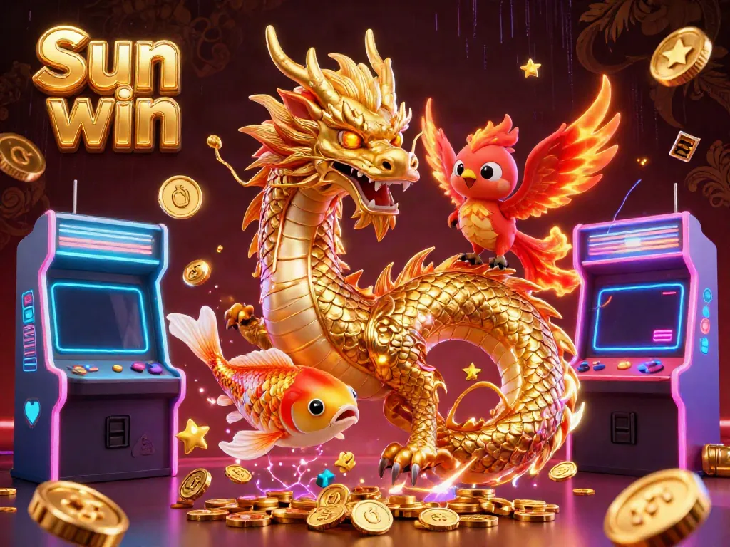 Engage in thrilling play with Sun win as a golden dragon and phoenix shine over dynamic casino elements.
