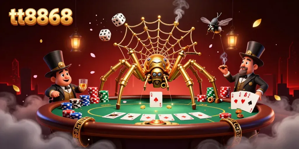 Win big at tt8868 with an exciting steampunk-themed casino illustration filled with poker elements.