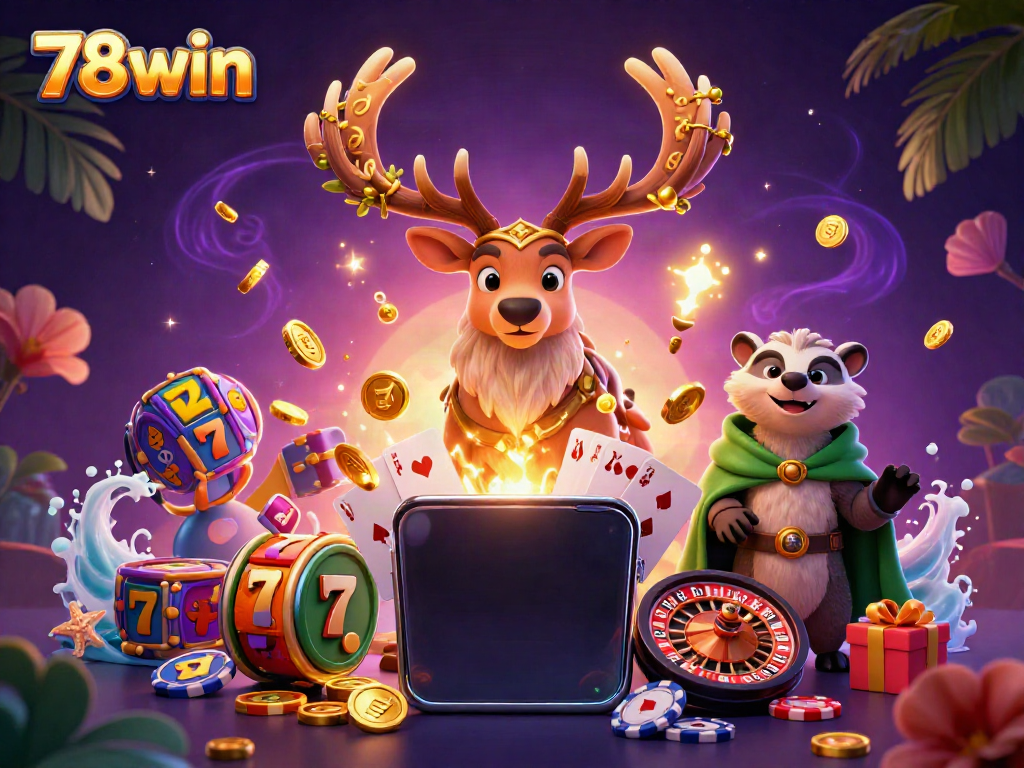 Experience thrilling games at 78win, featuring vibrant slots, a druid stag, and exciting casino elements.