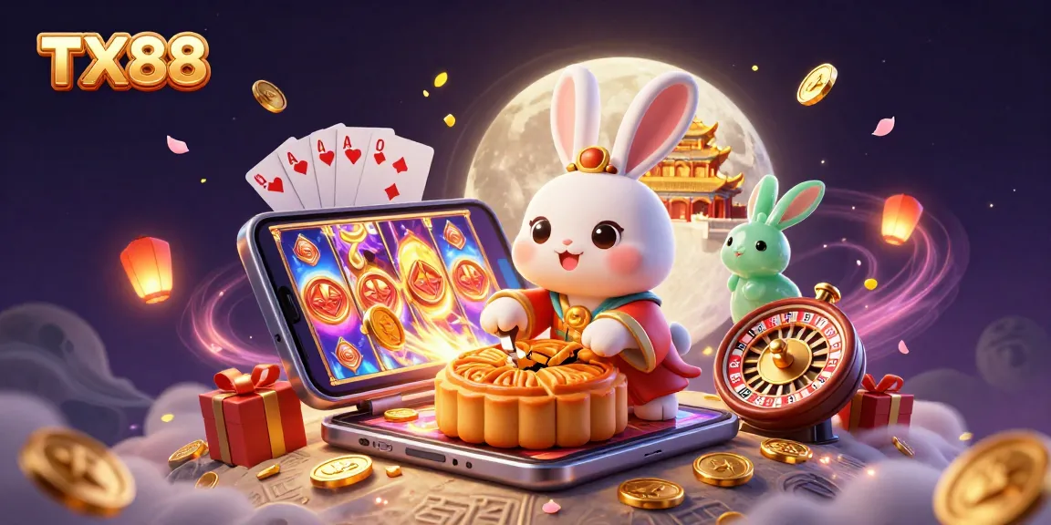 Experience the excitement of TX88 with a whimsical moon rabbit and vibrant gambling elements.