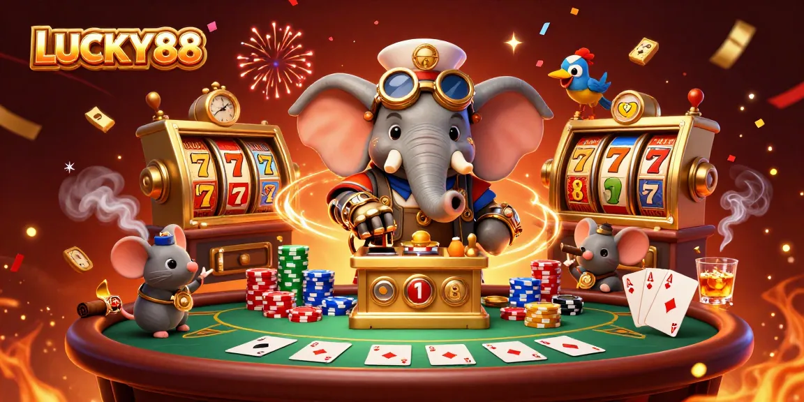 LUCKY88 promotes excitement with a steampunk-themed gambling illustration showcasing slot machines and poker elements.