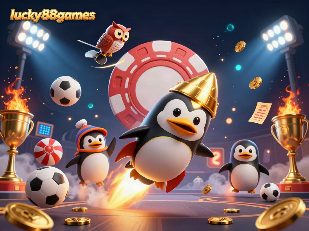 Watch the lucky88games rocket-powered penguin blast off with golden coins in this casino-themed illustration.
