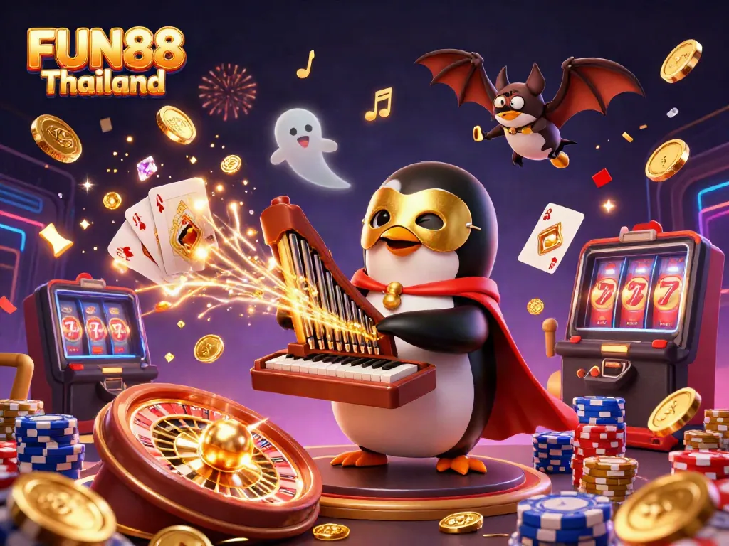 Engage with FUN88 Thailand through vibrant casino visuals of a penguin playing organ and soaring golden coins.