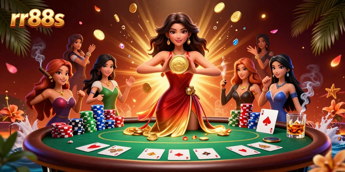 Win big at rr88s with a stunning Asian woman triumphantly holding a massive golden coin amidst poker elements.