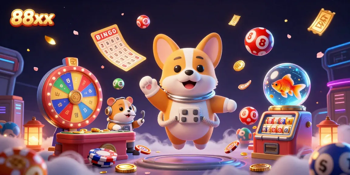 Experience thrilling games with 88xx in an ultra-detailed casino space illustration featuring floating coins and exciting dynamics.