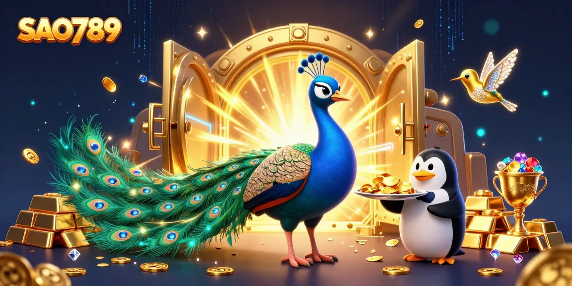 Shoot for wins with SAO789’s vibrant treasure-filled casino scene featuring peacock and penguin.