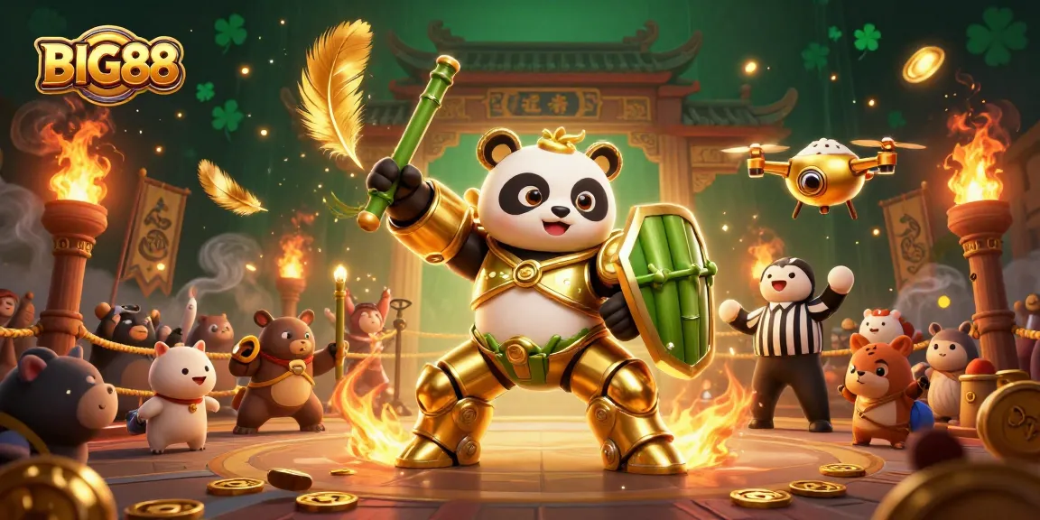Experience the excitement of BIG88 with 3D golden panda mech battling in a vibrant casino arena