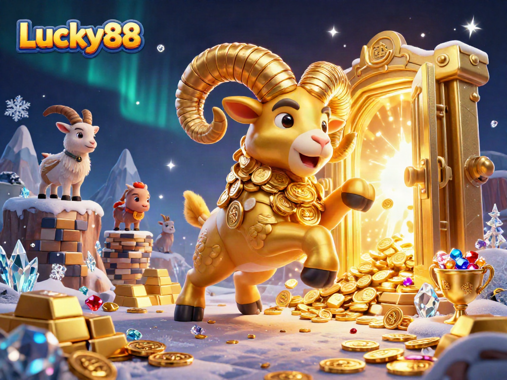 Experience thrilling gameplay with Lucky88, a golden ram charging through a vibrant casino scene.
