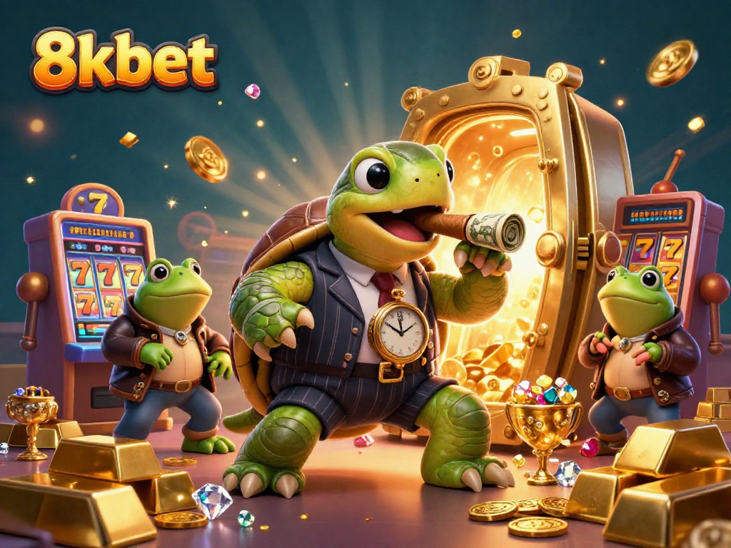 Celebrate big wins at 8kbet with a vibrant casino scene featuring colorful slot machines.