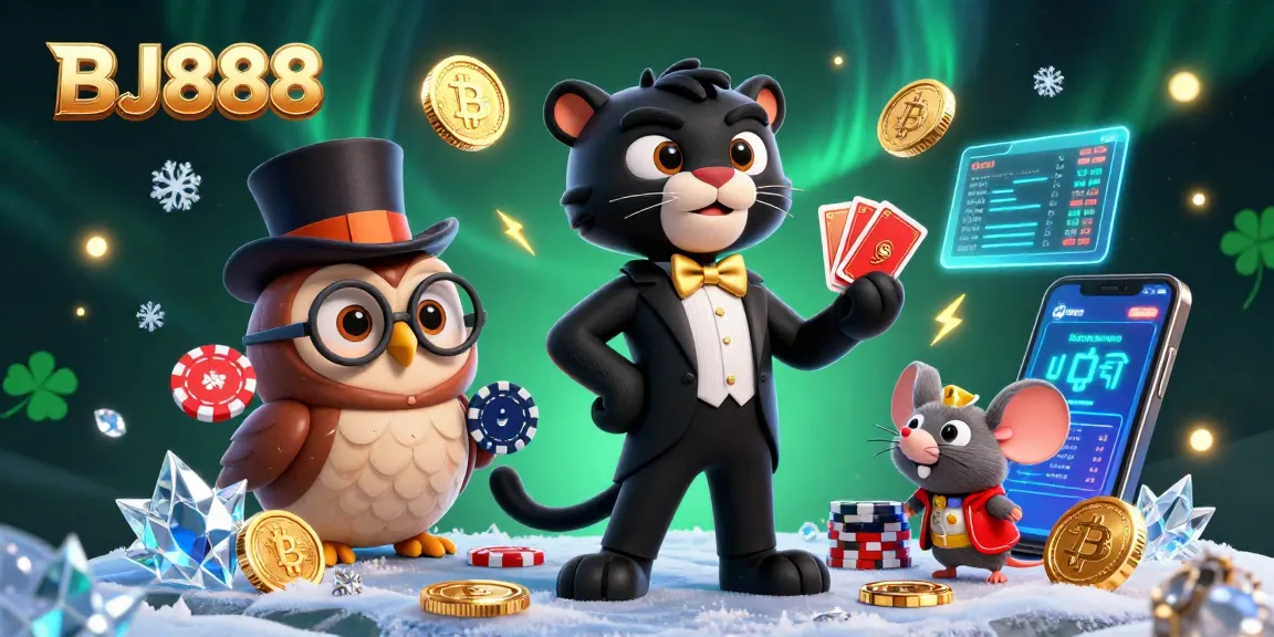 Engage in thrilling gaming at BJ888 with a stylish black panther dealer and charming owl, surrounded by vibrant crypto elements.
